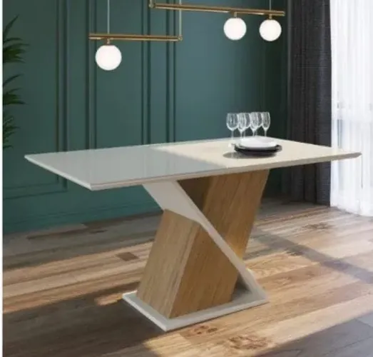 Mesa de Jantar Tampo de Vidro Off white e Madeira