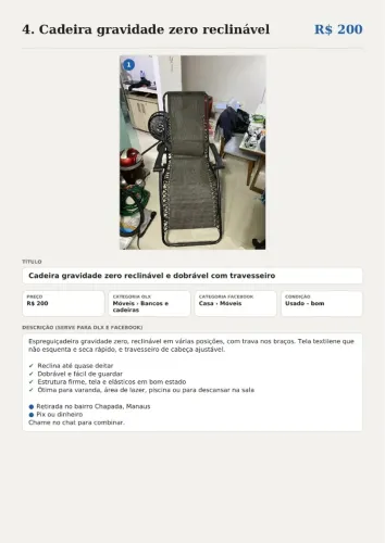 Cadeira gravidade zero reclinável e dobrável com travesseiro