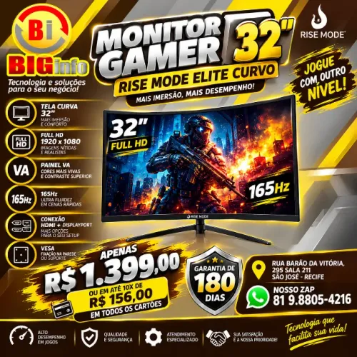 Monitor Gamer Curvo Rise Mode Elite 32", FHD, 165Hz - Em ate 10x Fixas 