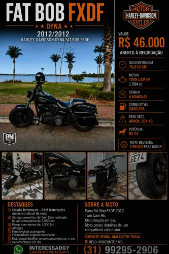 Harley-Davidson Dyna Fat Bob FXDF 2012 | Revisada | Pneus Novos