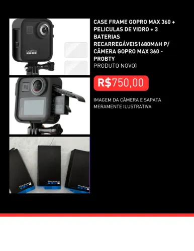 CASE FRAME P/GOPRO MAX 360 + PELÍCULAS DE VIDRO + BATERIAS RECARREGÁVEIS 1680MAH 