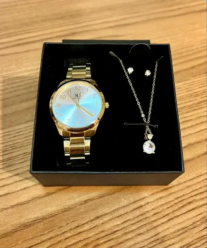 Kit Feminino Dourado Silver Saint Germain - Relógio, Colar e Brincos Ponto de Luz