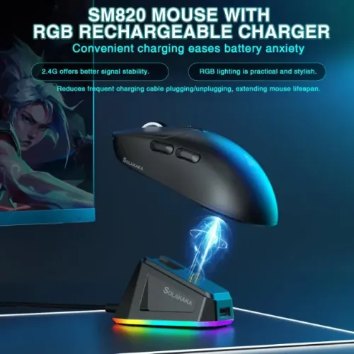 Mouse Gamer Sem Fio Solakaka SM820 com Dock de carregamento - 24k DPI - PAW3311 - Preto/Br