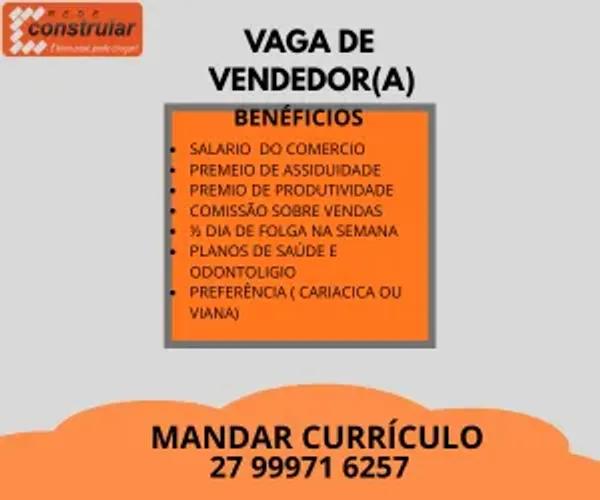 VAGA DE VENDEDOR - MATERIAL DE CONSTRUÇÃO