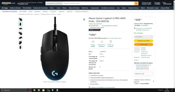 Mouse Logitech G pro Hero com fio