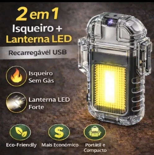 Isqueiro Elétrico com lanterna de LED carregamento USB portátil leve.