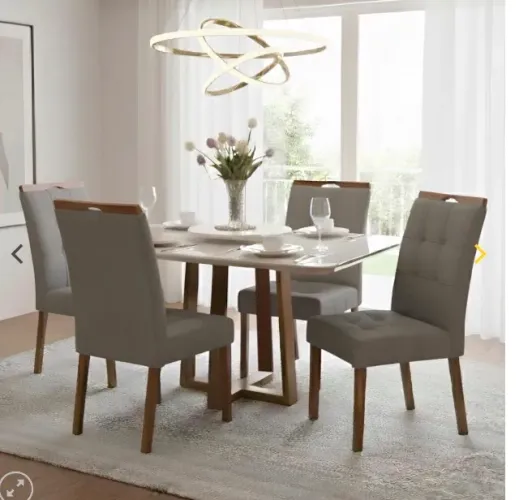Conjunto de Jantar Pedro Wood Glass 4 Lugares - Mel/Off White com Linho Grafite