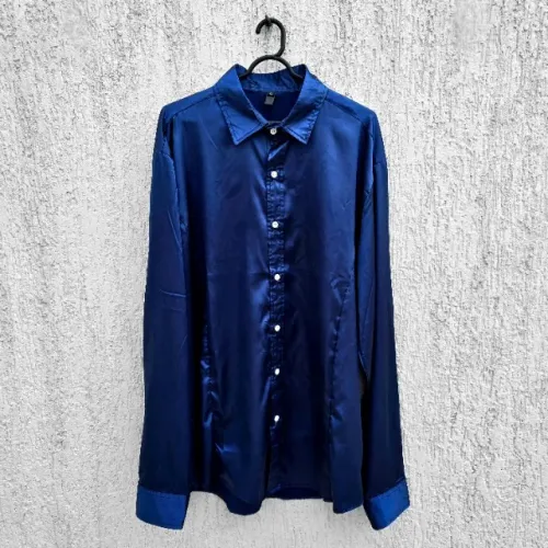 Camisa Social Masculina Azul Escuro Cetim | Manga Longa Brilhante | Tam GG/XL
