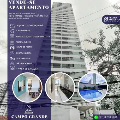 Apto: 64m², 3 Qts, 1 suíte, reformado, lazer completo em Campo Grande!