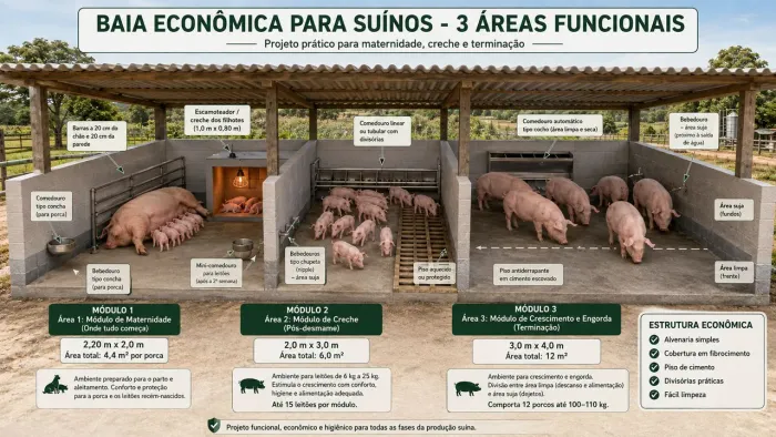 Baia para suínos 8m x 3m com maternidade, creche e engorda 