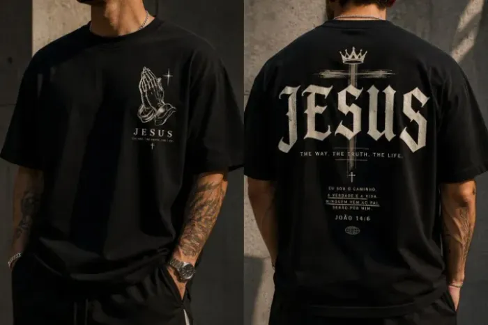 Camiseta Jesus Tradicional Masculina | Estampa Cristã Frente e Costas | Algodão ou Poliést
