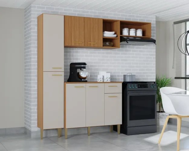 Cozinha Clara com Balcão Poquema | 07 Portas e 01 Gaveta - Entrega Imediata
