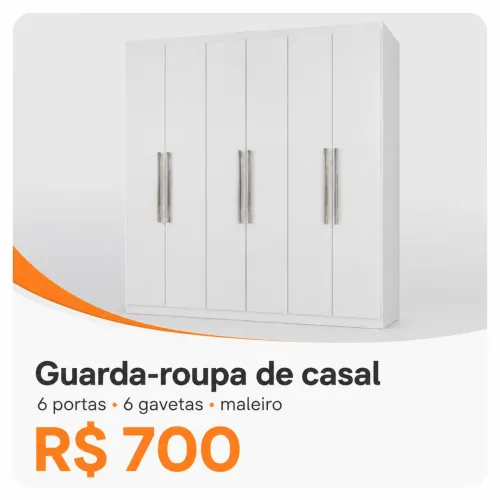Guarda-roupa de casal branco com 6 portas e 6 gavetas