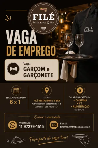 Vaga de emprego: GARÇOM / GARÇONETE 