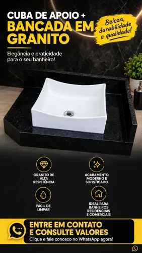 CUBA DE APOIO + BANCADA EM GRANITO<br><br>Elegância e praticidade para o seu banheiro!