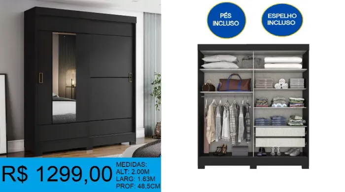 Guarda roupa de solteiro preto com espelho portas de correr - pronta entrega