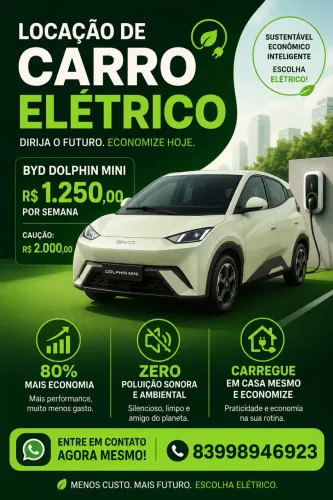 LOCAÇÃO DE CARRO ELÉTRICO A PARTIR DE R$ 1.250,00 semanal