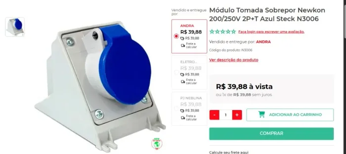 Módulo Tomada Sobrepor Newkon 200/250V 2P+T Azul Steck N3006