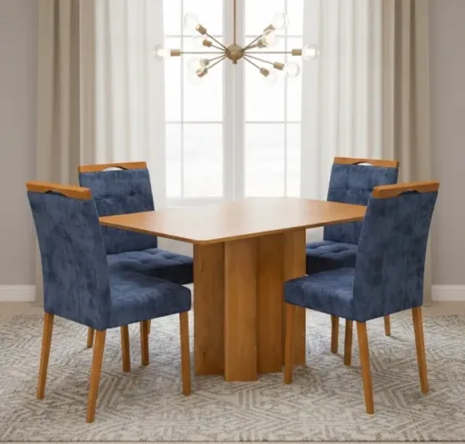Conjunto de Jantar 4 Lugares Madeira Natural com Veludo Azul