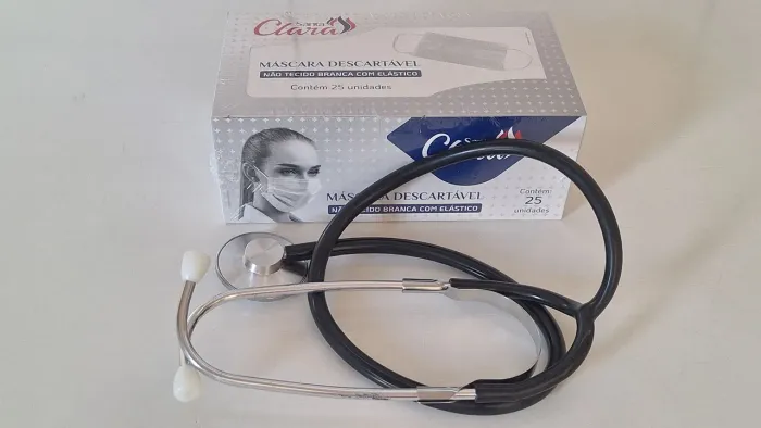 Kit estetoscópio premium simples + máscara descartavel branca com elástico