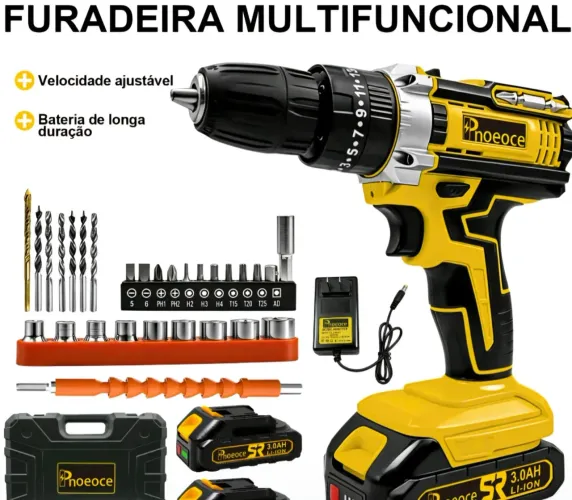 FURADEIRA/PARAFUSADEIRA SEM FIO PHOEOC - KIT COMPLETO COM MALETA