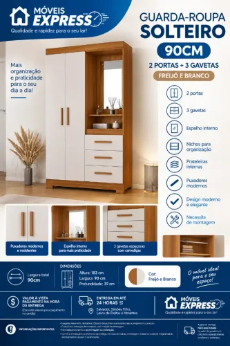 GUARDA-ROUPA SOLTEIRO 90CM | 2 PORTAS + 3 GAVETAS | FREIJÓ E BRANCO