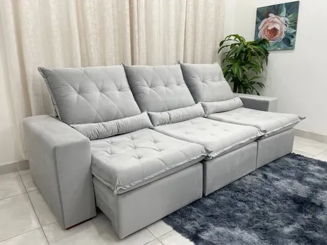 Sofá Retrátil Reclinável Prata 2.70m l65 Molas Bonnel