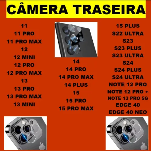 Pelicula da camera traseira iphone, moto edge e outros