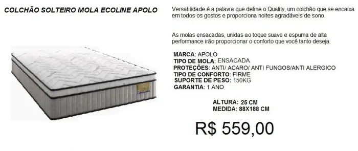 COLCHÃO MOLAS ENSACADAS APOLO ESPUMA 