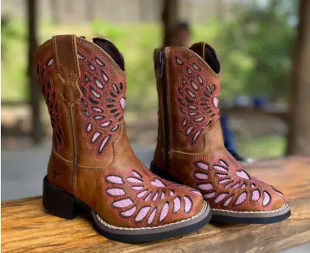 BOTA TEXANA TEX TEAM INFANTIL - 34 - CORAÇÃO CARAMELO/ROSA USADA 1X APENAS