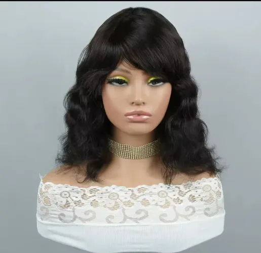 Peruca wig ondulada com franja, cabelo humano 
