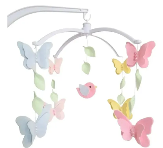 Mobile musical e giratório para berço com borboletas e pássaro