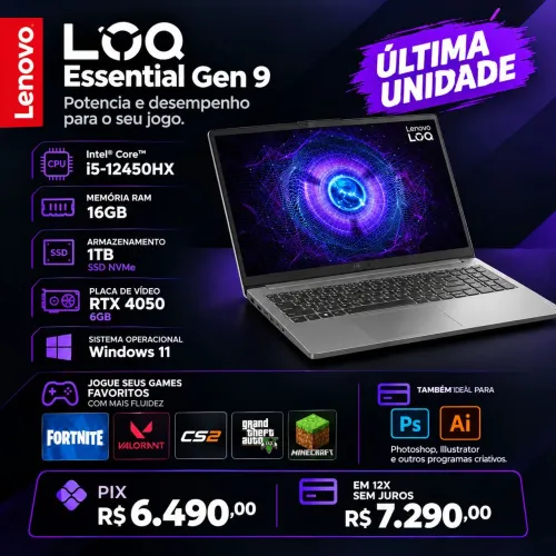 Notebook Gamer Lenovo LOQ Intel Core i5-12450HX RTX 4050 6gb 16GB DDR5 1TB SSD Windows 11