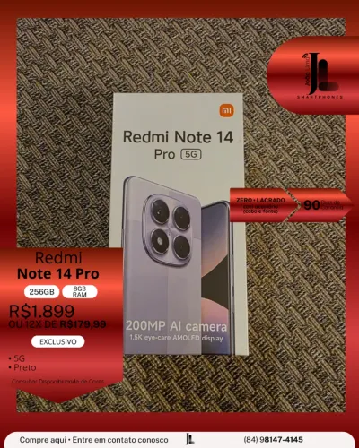 REDMI NOTE 14 PRO, 256GB, 8GB RAM, LACRADO, EXCLUSIVO!