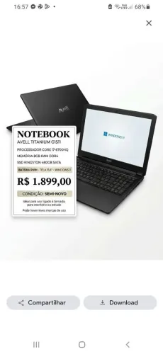 Notebook Gamer Avell titanium G1511 i7 6 geração, 8gb, ssd 480gb, Windows 11.