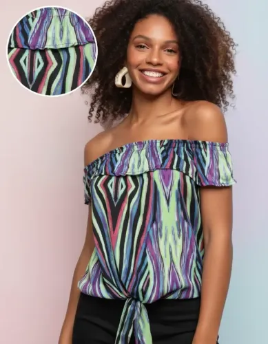 Blusa Água Viva Tie Day Ombro A Ombro E Amarração Feminina - Estampado