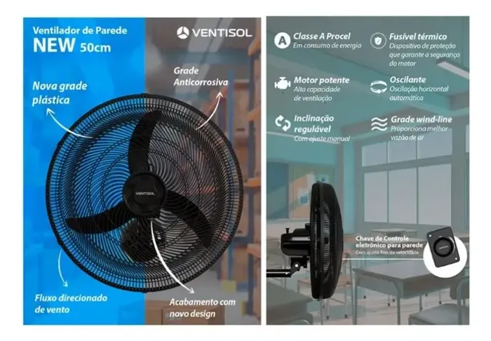 Ventilador de Parede New 50cm 3 Pás 