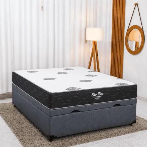 Colchão Casal Molas Ensacadas + Base Box Baú Casal Corino Petróleo Blindado tt88