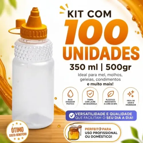 Kit 100 Potes Bisnaga Mel 500g 350ml Frasco Tampa Lacre