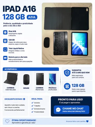 iPad A16 128 GB Azul - Excelente estado + Acessórios
