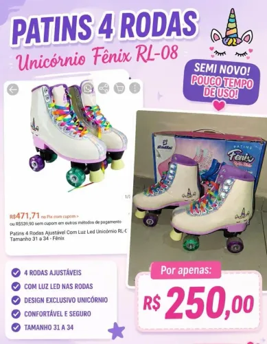 Patins 4 rodas unicórnio Fênix