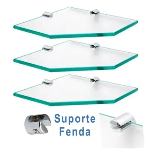 Kit 3 Cantoneira De Vidro Prateleira Porta-Shampoo Para Banheiro Cozinha Escritório Decora