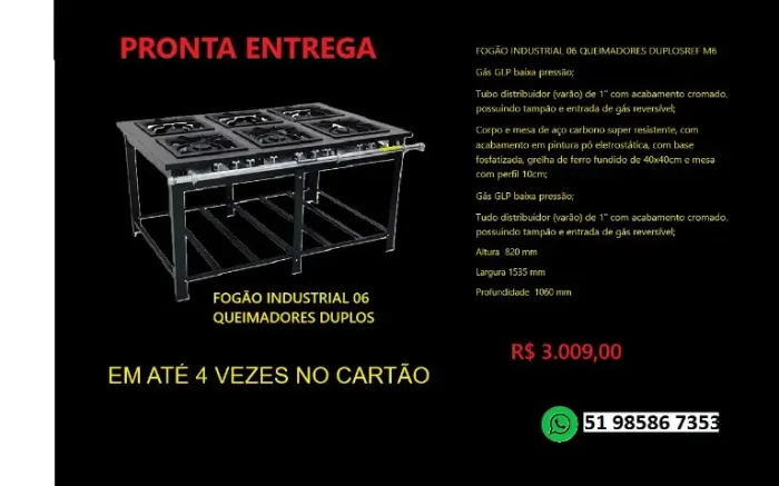 Fogão industrial 06 queimadores duplos