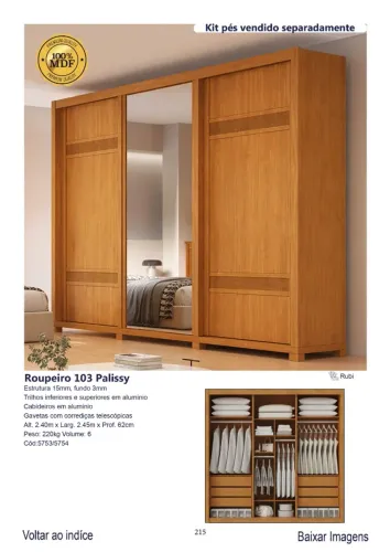 Roupeiro 103 Palissy 100% MDF 2.45m 6 gavetas espaço ele e ela