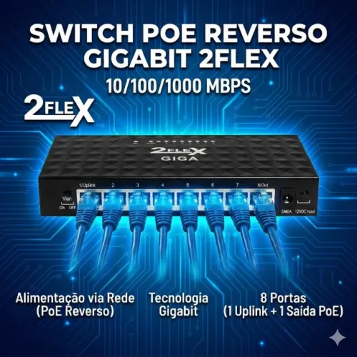 Switch POE Reverso Gigabit 2FLEX 2F-N8GPR Com 8 Portas Gigabit e POE Reverso para Redes