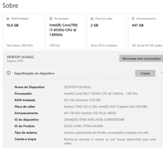 Notebook Dell Inspiron 15 Serie 3000 (3576-A70C) Core i7 16GB RAM-AMD radeon 2GB - SSD 480