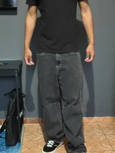 Calça Jeans Wide Leg Masculina Preta Estonada Tam 40