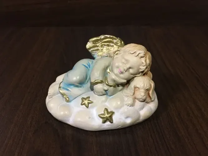 Escultura Estátua Decorativa de Gesso Anjinha Dormindo na Nuvem com Cachorrinho