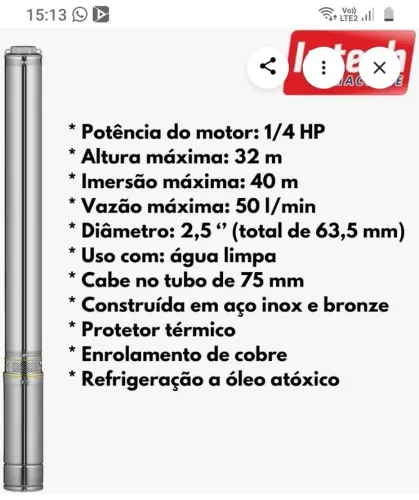 Bonba submersa intech 1/4 HP nova