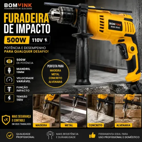 Furadeira Impacto 500W 110V Madeira Metal Concreto Bomvink BOM-9543